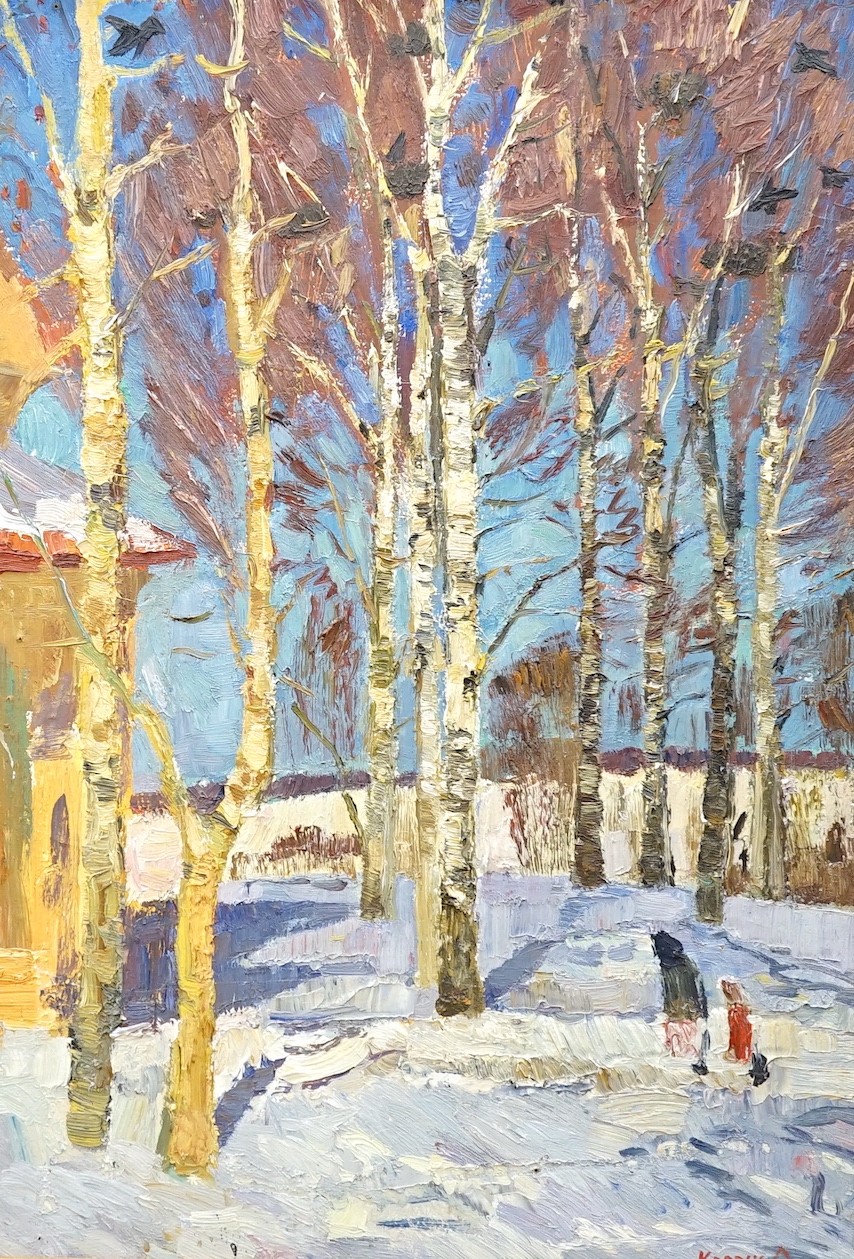 Oleg Koren (Russian, b.1933), oil on board, Figures beneath birch trees in winter, signed, 67 x 47cm